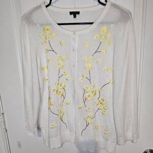 Talbots White Cotton Embroidered Floral Sequin Cardigan Sweater Medium Yellow